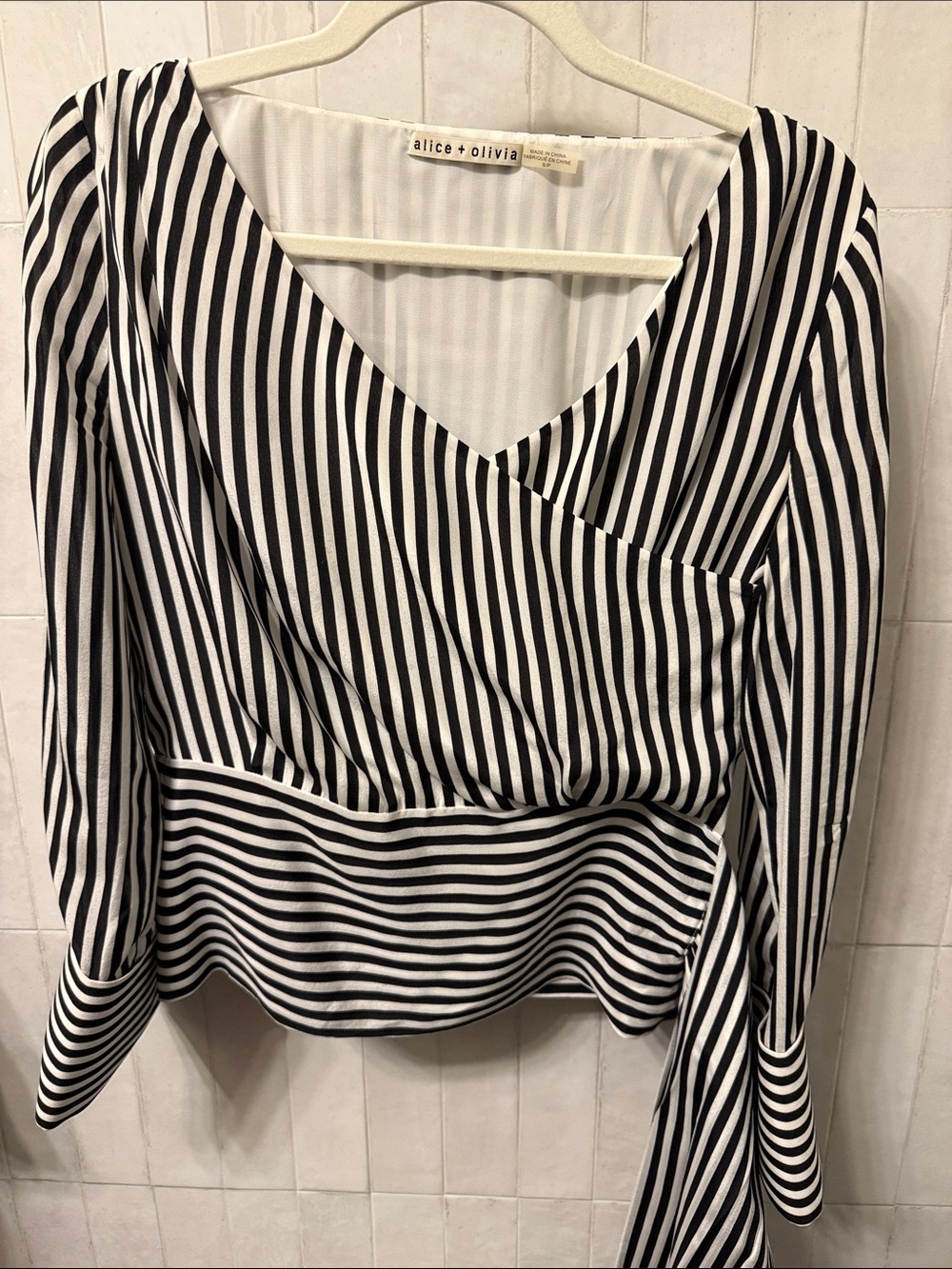 Alice + Olivia Black and White Striped Faux-Wrap Blouse
